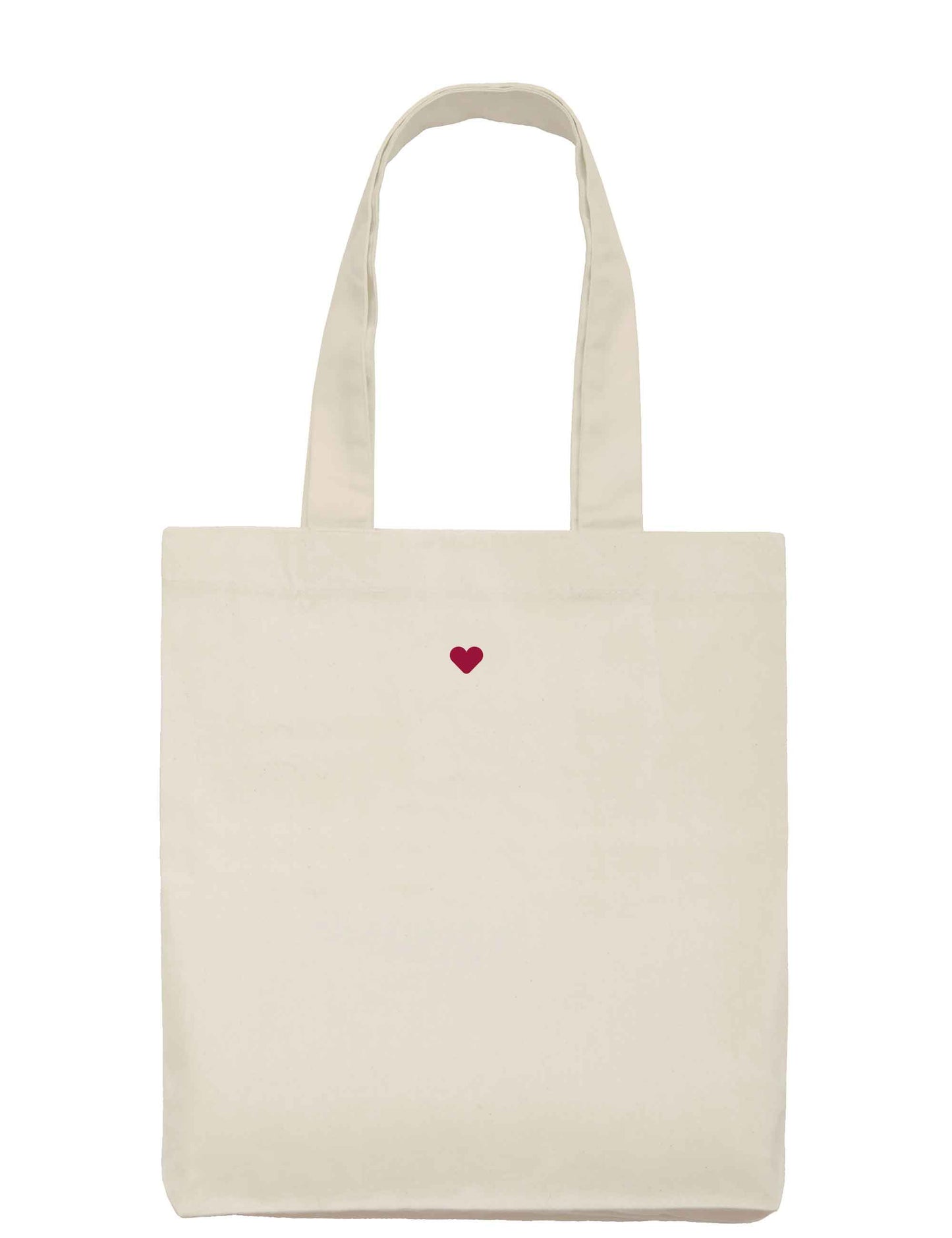 Fester Baumwollbeutel naturfarben, mit Bodenfalte, langen Henkeln zum besseren Tragen und einem kleinen weichen Herz aus Flock