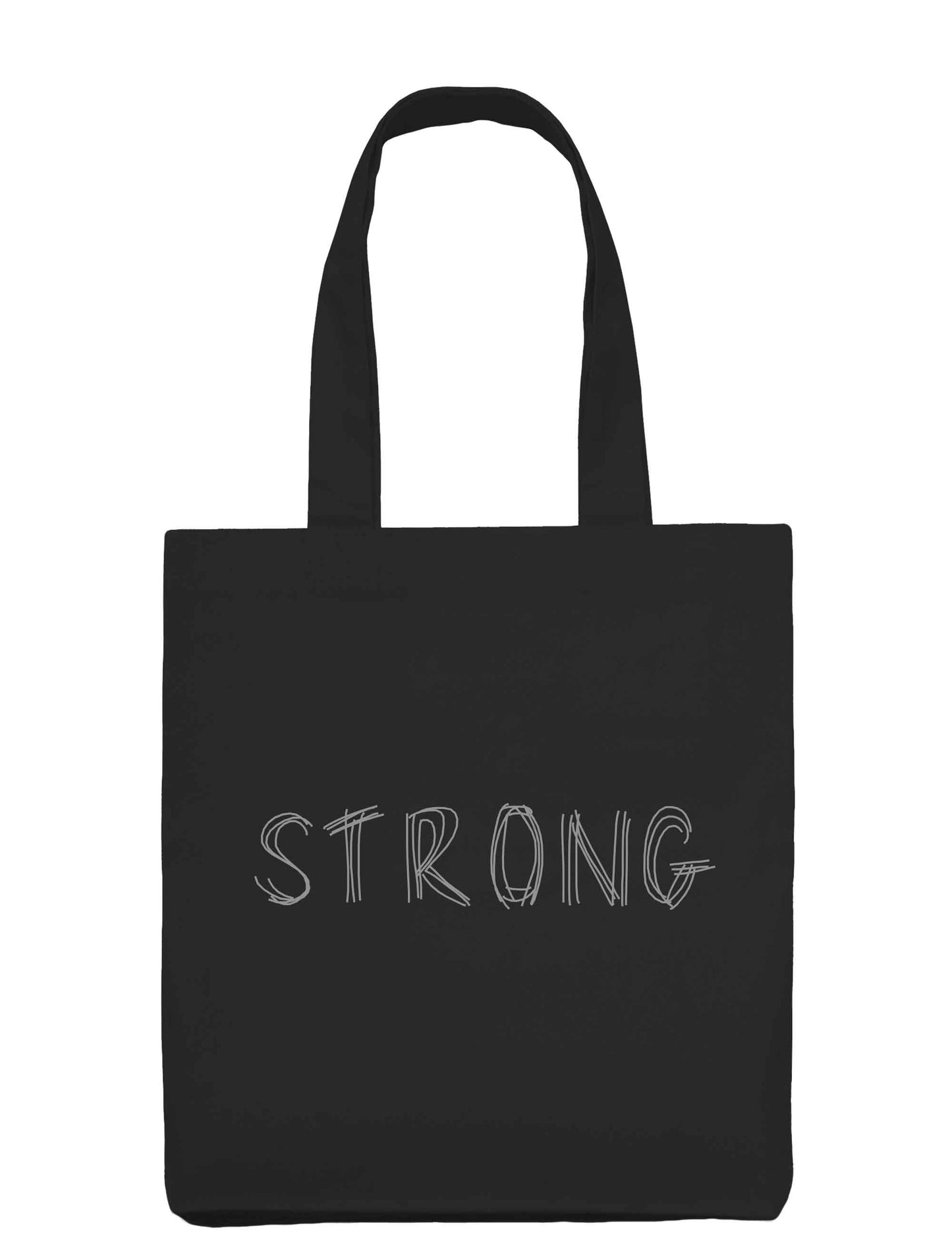Fester Baumwollbeutel in Schwarz mit Bodenfalte, langen Henkeln zum besseren Tragen und natürlich einem stylischen Aufdruck: STRONG.