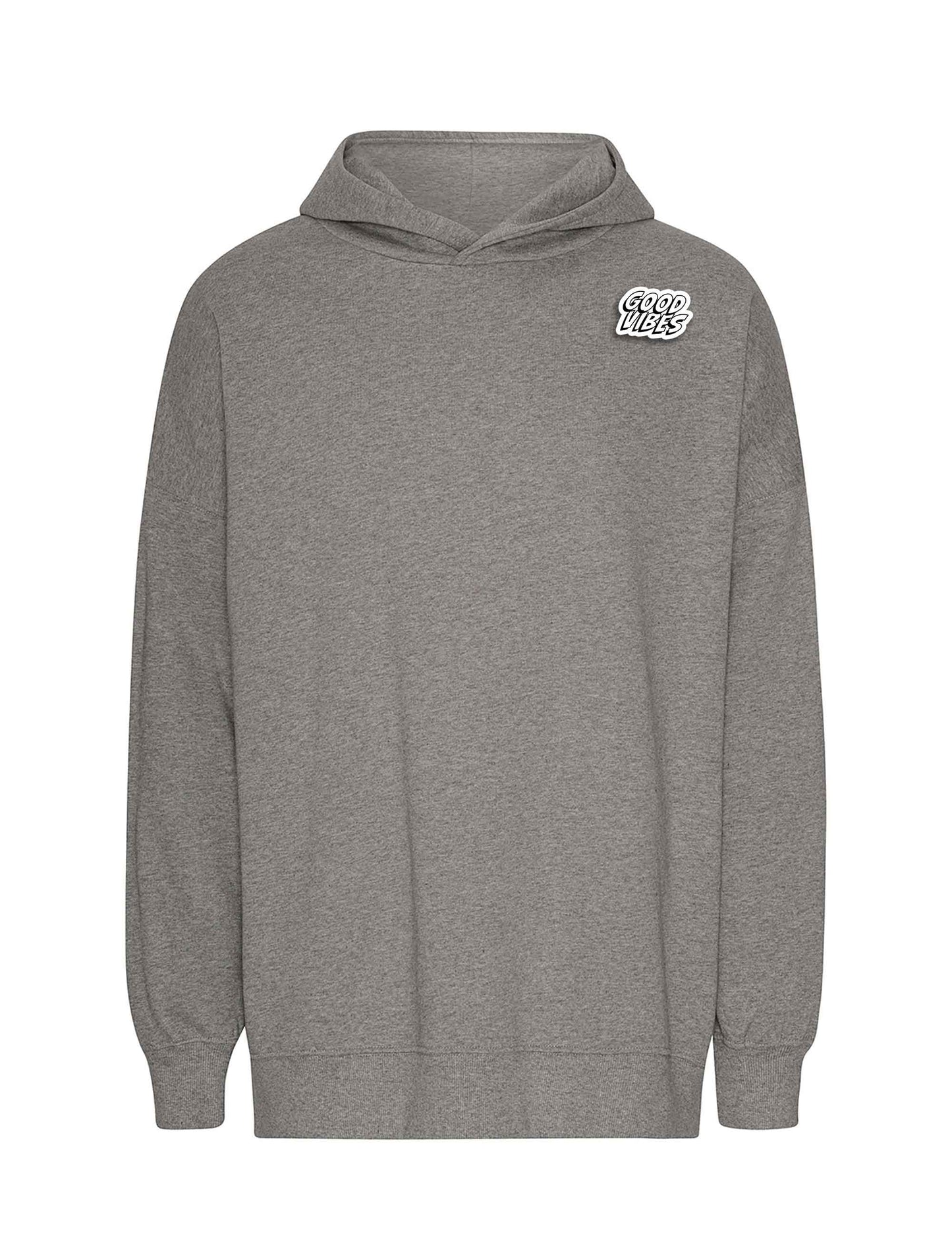 Lässiger Oversized Hoodie in Grau mit stickerartigem Print GOOD VIBES.