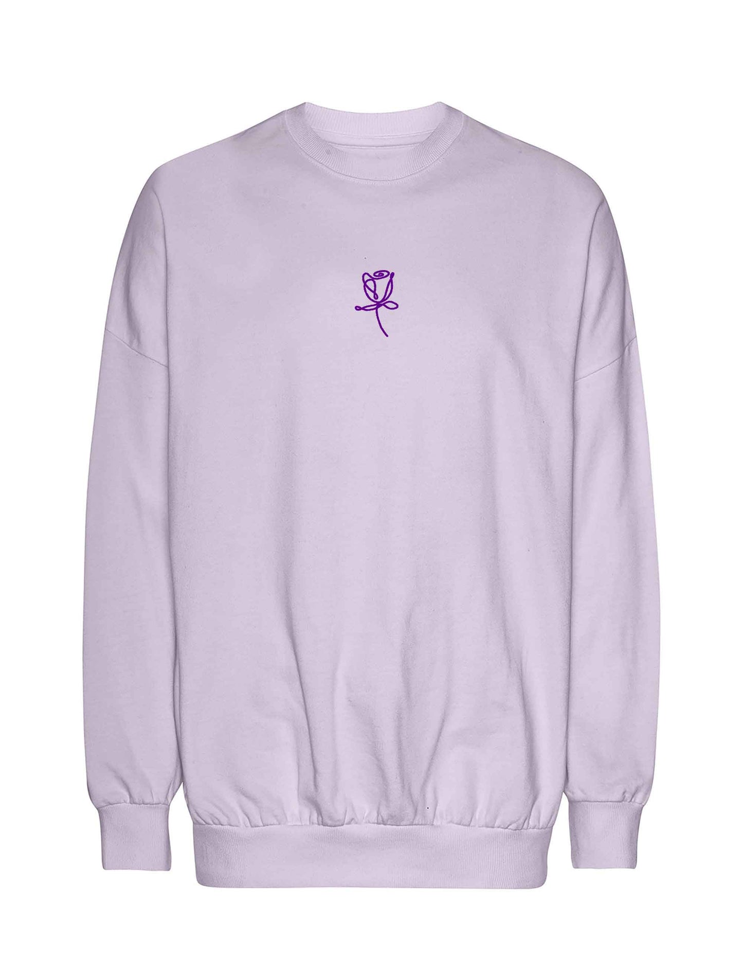 Schlichter, gemütlicher, aber echt auch schicker Oversized Sweater mit violettfarbener Rose im angesagten Oneline-Art-Stil. 