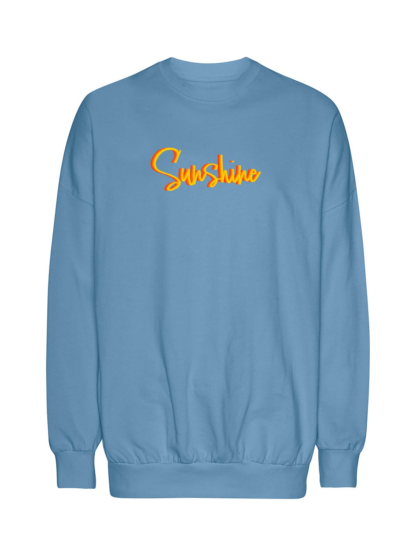 Oversized geschnittener Sweater in tollem Graublau mit dem Schriftzug Sunshine in knalligen, sonnigen Farben