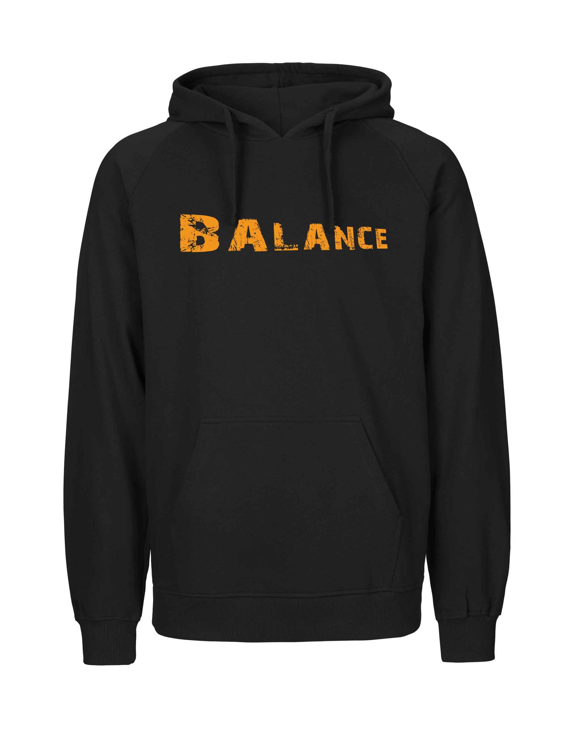 Schwarzer Hoodie mit orange farbenem Schriftzug BALANCE