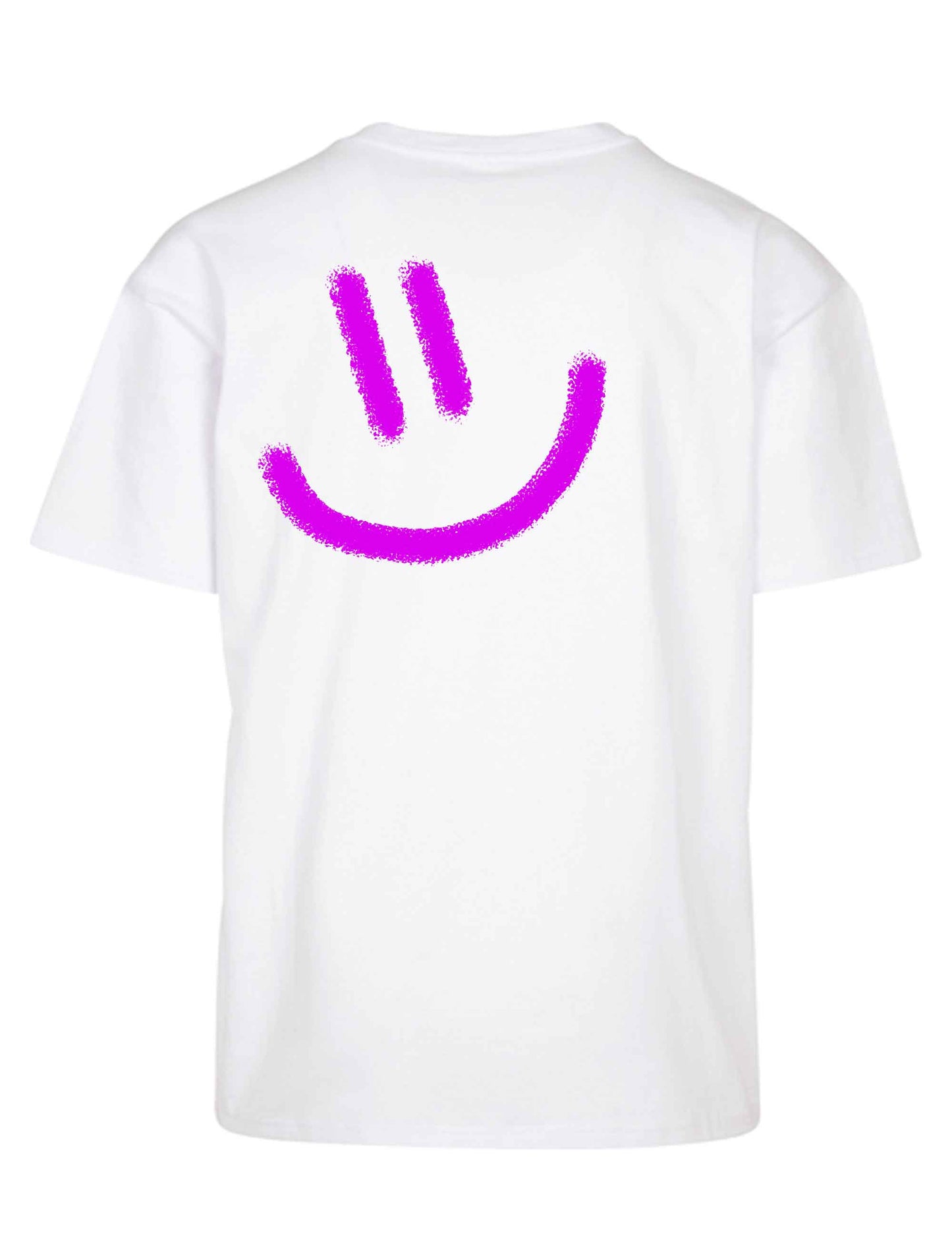 Lockeres oversized T-Shirt in schlichtem Weiß mit richtig großem gespraytem pinken Smiley auf der Rückseite